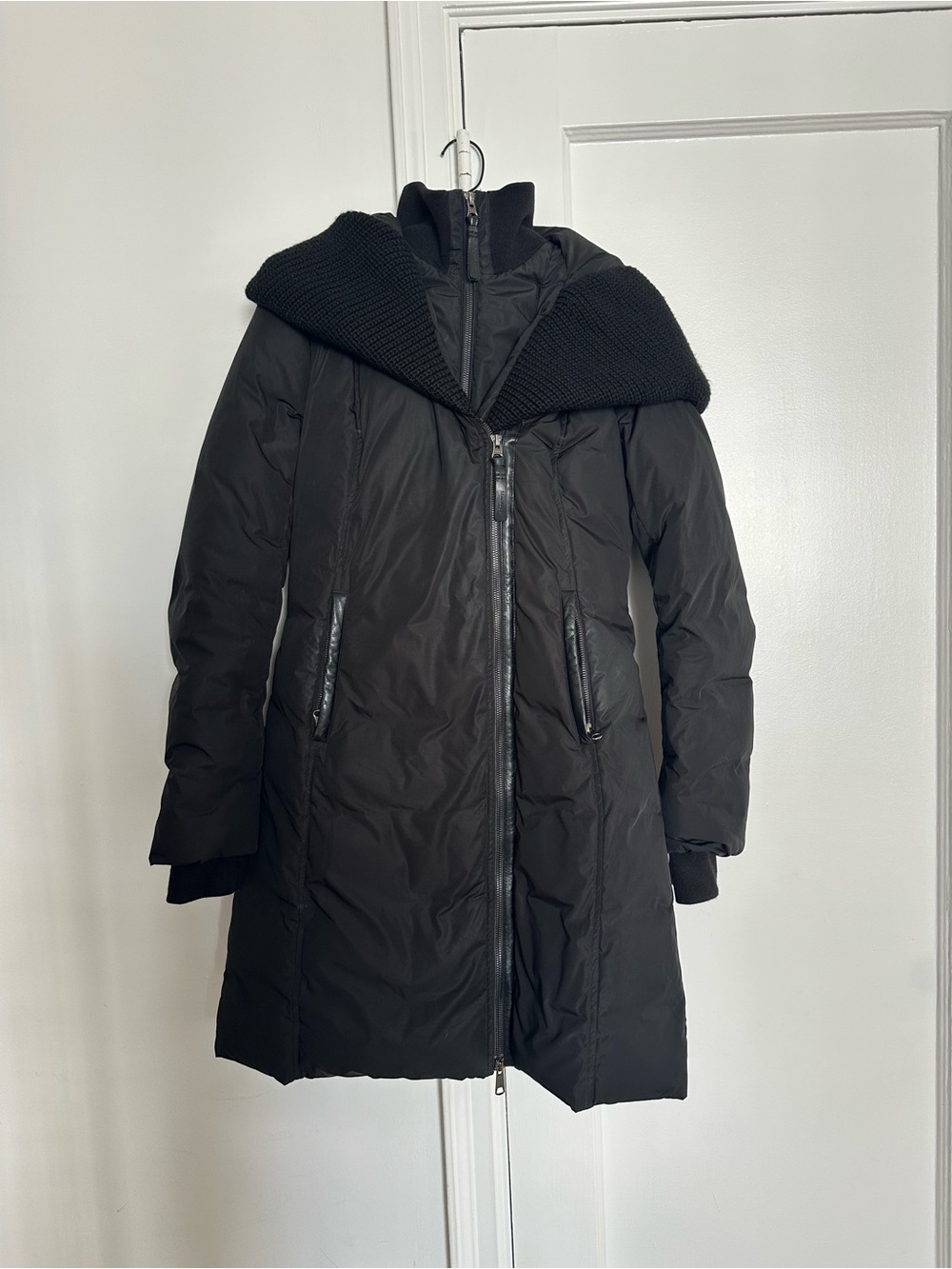 Mackage Black Long Women's Puffer Coat with Knit Collar & Hood